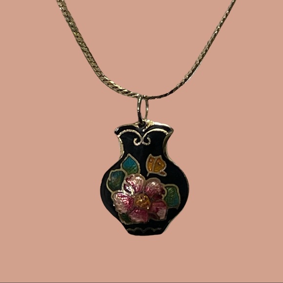 Vintage 14 K Gold Filled Necklace Cloisonné Vase 1980’s 24” Length - Picture 2 of 4